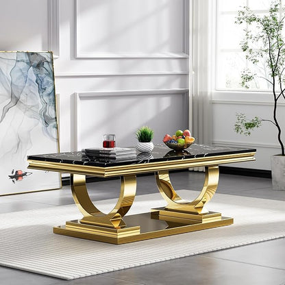 2 Piece Living Room Table Set Include 1 Faux Marble Coffee Table & 1 Console Table, Modern Black Gold Coffee Table Set of 2 with Double O Shape Stainless Steel Pedestal Base