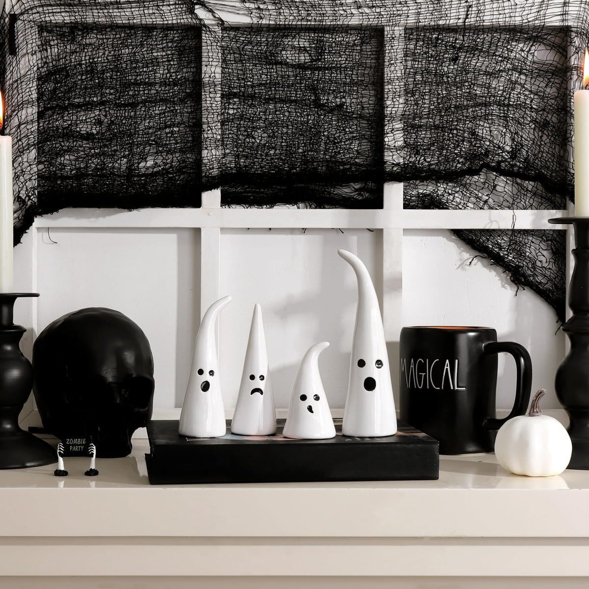 Pawliss Halloween Decor Ceramic Ghost: 4 pcs Cute Halloween Decorations Indoor, Rustic Witch Hat Shape Ghost Figurine, Farmhouse Table Desk Tiered Tray Mantel Fireplace Decor for Kids Home Office