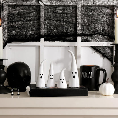 Pawliss Halloween Decor Ceramic Ghost: 4 pcs Cute Halloween Decorations Indoor, Rustic Witch Hat Shape Ghost Figurine, Farmhouse Table Desk Tiered Tray Mantel Fireplace Decor for Kids Home Office