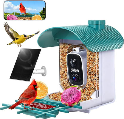 Smart Bird Feeder with Camera : 2K HD Video Live Stream, AI Birds Species Identification ＆ Instant Arrival Alerts, Solar Bird Feeder Camera for Outdoor Backyard, Ideal Gifts for Families nature lovers