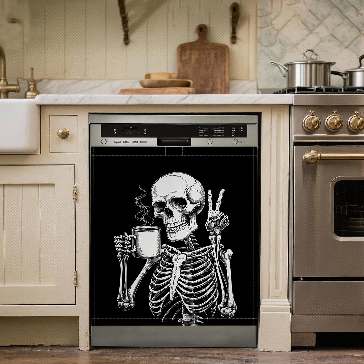 Black Dishwasher Magnet Cover Funny Skeleton Coffee Dishwasher Magnets Decorative Cover for Kitchen, Refrigerator Magnet Decal Panels 23” x 26”