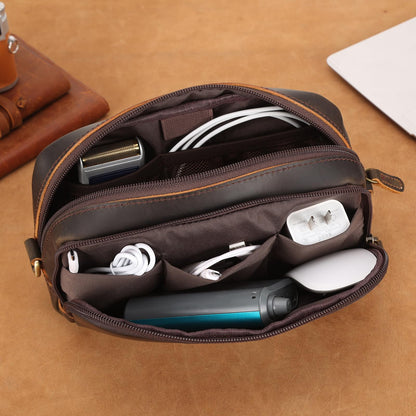 Polare Full Grain Leather Travel Electronics Organizer Case Cable Storage Carry Bag with YKK Zippers Tech Pouch for Cord, Phone, Cables, USB, SD Card, Travel Essentials