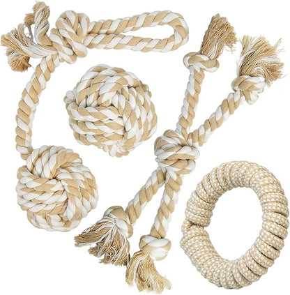 TwoEar Dog Rope Toy 4 Pack - Dog Rope Toys for Large Dogs - Indestructible Natural Cotton Chew Toys for Aggressive Chewers - Tough Tug of War Dog Toys for Boredom, Teeth Clean