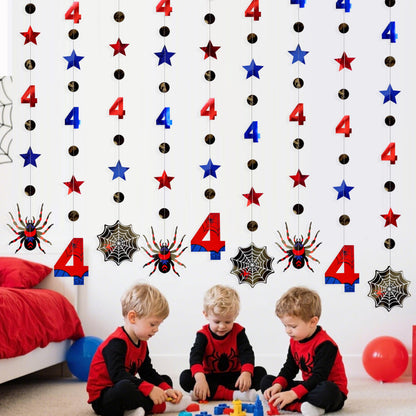 42Ft Spider 4th Birthday Party Decorations Red Blue Stars and Black Spider Web Garland Streamer for Kids Boys 4th Cartoon Spiders Birthday Super Heros Baby Shower Cartoon Bday Party Decor Supplies