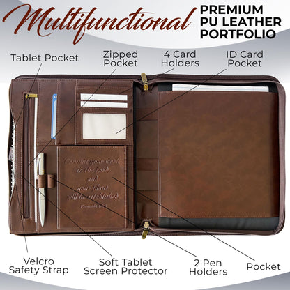 DEHITE Leather Portfolio for Men – Padfolio Case for Men and Women – Brown Bible Notebook Organizer – Pen Slots – Zipper Binder – Premium PU Leather – Feels Like Full-Grain – Office Gift Accessories
