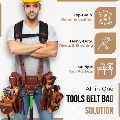ABRIX Heavy Duty Tool Belt for Men – 4MM Thick Genuine Leather, Brass Buckle & Rivets | Foam Padded Comfort | 28-Pocket Carpenter & Framing Rig with Suspender | Work Belt Fit upto 32" to 52"