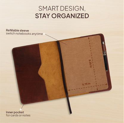 TheAntiq A5 Leather Journal 5.75x8.25 inch - Refillable Journal Cover for Large Moleskine, Leather Handmade Notebook A5 Cover Large Leather Journal for Professionals
