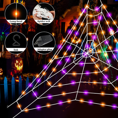Halloween Giant Spider Web Lights, Spider Web Decoration with 50" Plush Spider & Stretch Cobweb, Powered by Adapter Plug, Remote Control 8 Lighting Modes, Perfect for Scary Halloween Yard Decorations