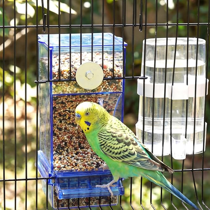 Novabright 7 Pcs No Mess Bird Feeder Water Dispenser Set Include Automatic Parakeet Feeder and Drinker with Bird Paw Grinding Stick Cage Accessories for Small Medium Cockatiel Lovebird(Classic,Blue)
