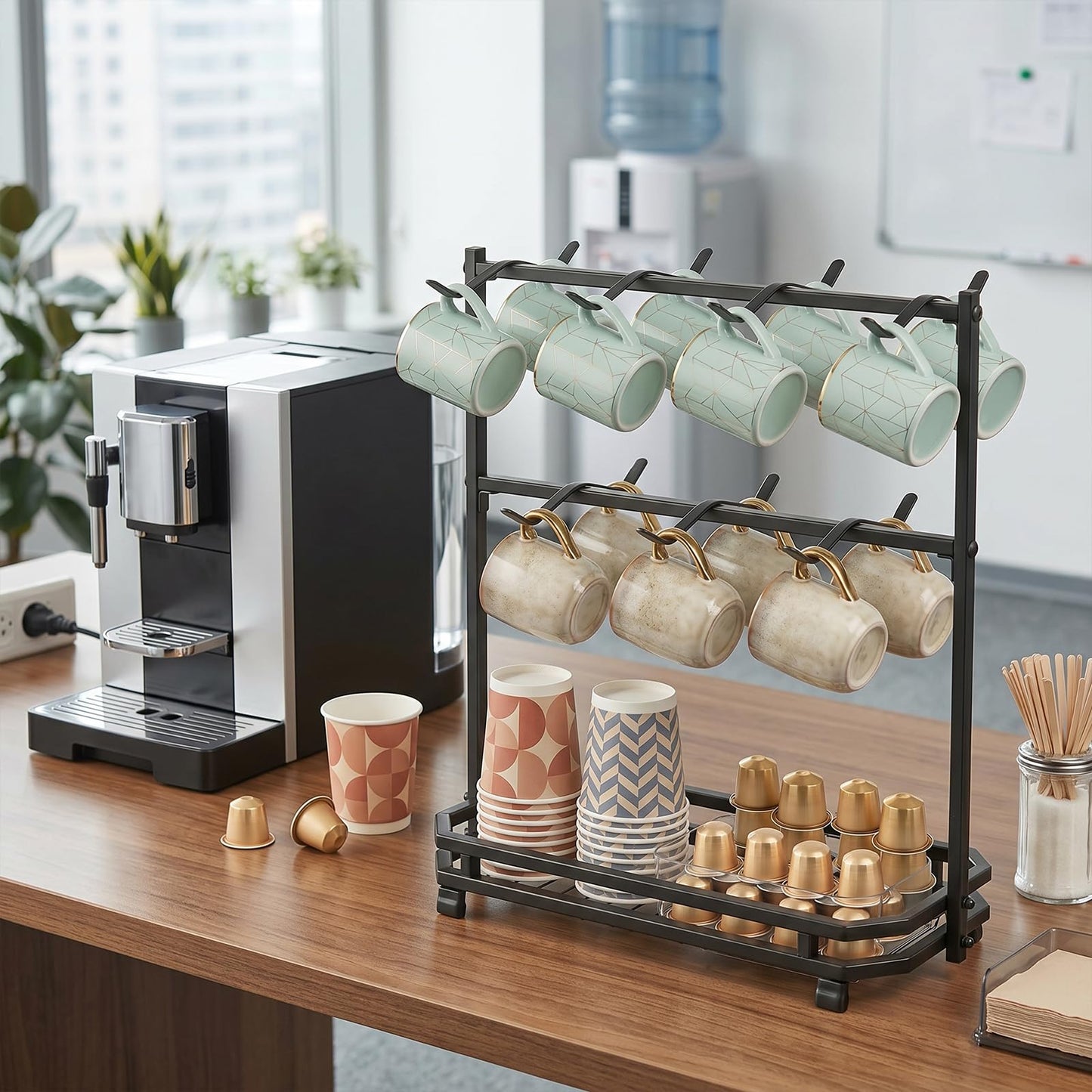 Samhe Coffee Mug Holder for Countertop, Coffee Cup Holder Rack with 14 Hooks, Metal Mug Tree Stand with Storage Base for K Cup Coffee Pod Paper Cups Tea Bag - Black