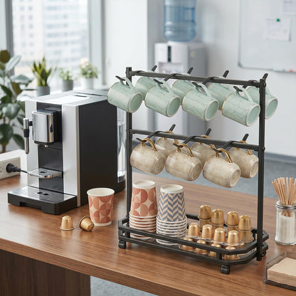 Samhe Coffee Mug Holder for Countertop, Coffee Cup Holder Rack with 14 Hooks, Metal Mug Tree Stand with Storage Base for K Cup Coffee Pod Paper Cups Tea Bag - Black