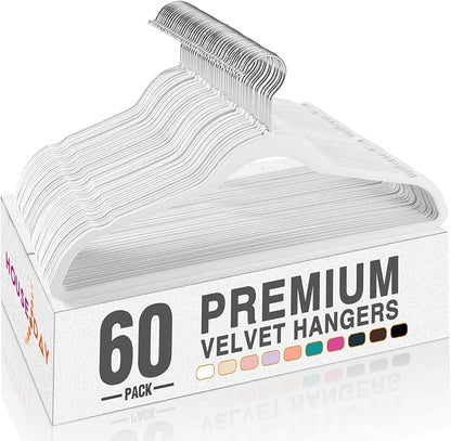 HOUSE DAY White Velvet Hangers 60 Pack, Non Slip Clothes Felt Hanger Heavy Duty for Coat, Premium Slim Space Saving Suit Hangers for Closet Organizer, 360° Rotating Silver Hook