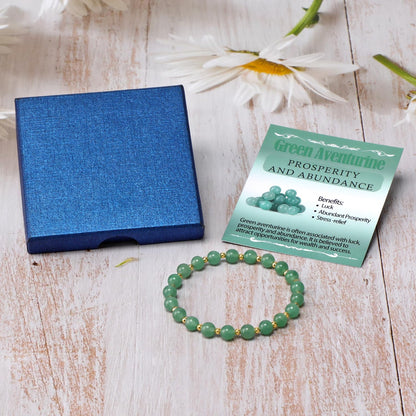 QOGIR Green Aventurine - Prosperity - 14K Gold Plated Beads Natural Gemstone Stretch Elastic Dainty Healing Beaded Bracelets Gifts 6mm