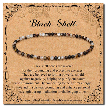 BONNY BOXX Natural Genuine Gemstone Faceted Round Beads Bracelet, 3mm Adjustable Stretchy Tiny Faceted Black Shell, Healing Crystal Reiki Chakra Dainty Jewelry Fashion Gifts