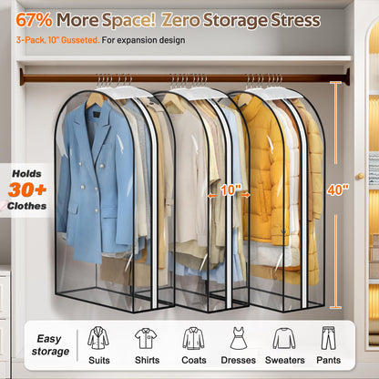 MISSLO 10" Gusseted All Clear Garment Bags for Hanging Clothes 3 Packs 40" Suit Bags for Closet Storage Hanging Clothes Storage Suit Cover for Shirts, Coats, Dresses