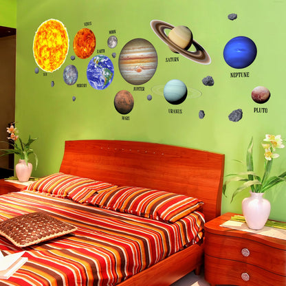 Solar System Wall Stickers Planets with Sun Decals Educational Theme Peel and Stick Astronomy Decals for Kids Room Bedroom Home Decor (Planets)