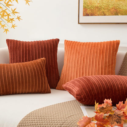 Kevin Textile Fall Pillow Covers 18x18 Striped Corduroy Velvet Cushion Covers Set of 2 Baby Square Decorative Pillowcase for Seasonal Autumn, 18 x 18 inch, Orange