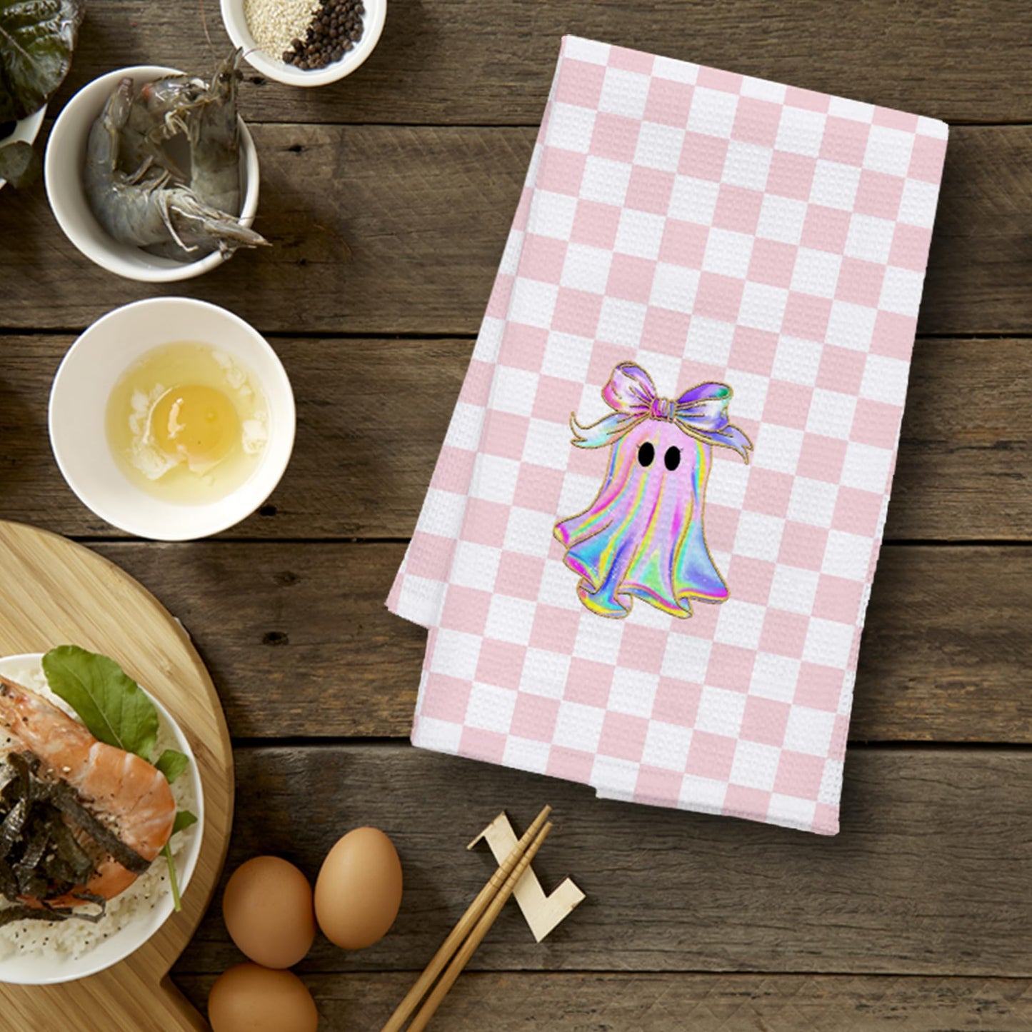 JINYO Ghost Kitchen Towels, Pink and White Checkered Hand Towels for Bathroom Kitchen Decor, Halloween Decorative Dish Tea Towels, 16x24 Inch