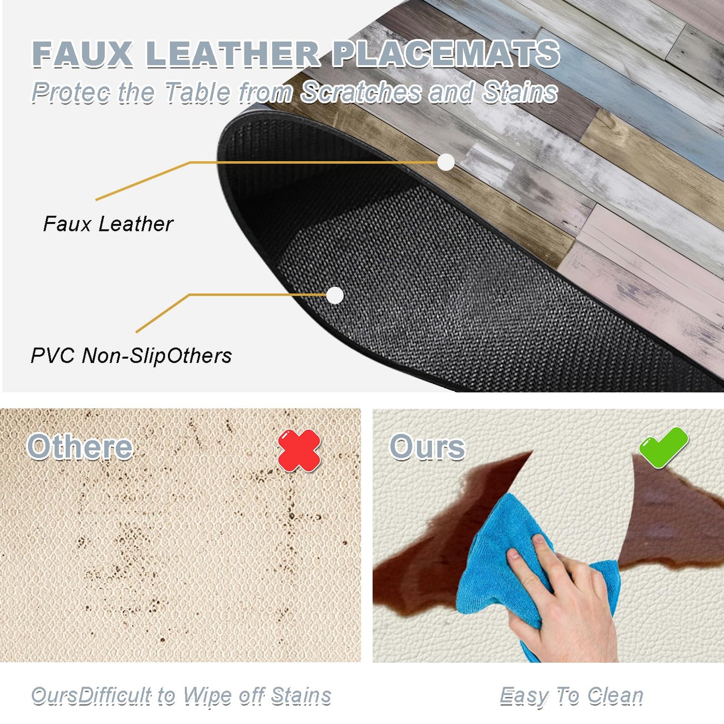 Farmhouse Placemats Set of 4 - Driftwood Faux Leather Heat Resistant Placemat for Dinner Table, Non-Slip Waterproof Oil-Proof Washable Reusable for Indoor Outdoor Kitchen Decor, 15.75In*11.81In