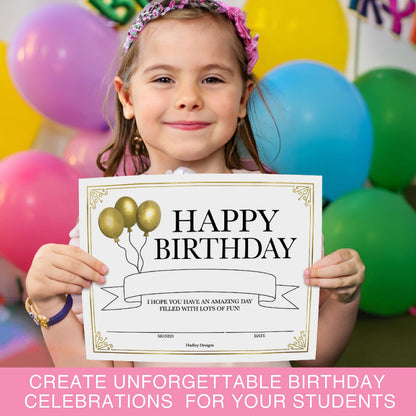 Happy Birthday Certificates for Students - 25 Student Birthday Certificates for Kids Classroom Must Haves, Teacher Supplies for Classroom Elementary, Gold Teacher Essentials