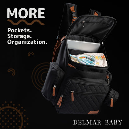 DELMAR BABY Large Diaper Bag Backpack for Mom & Dad | Unisex Baby Travel Bag | 15 Pockets | Changing Pad | Stroller Straps | Stylish & Washable | Newborn Essentials | Black