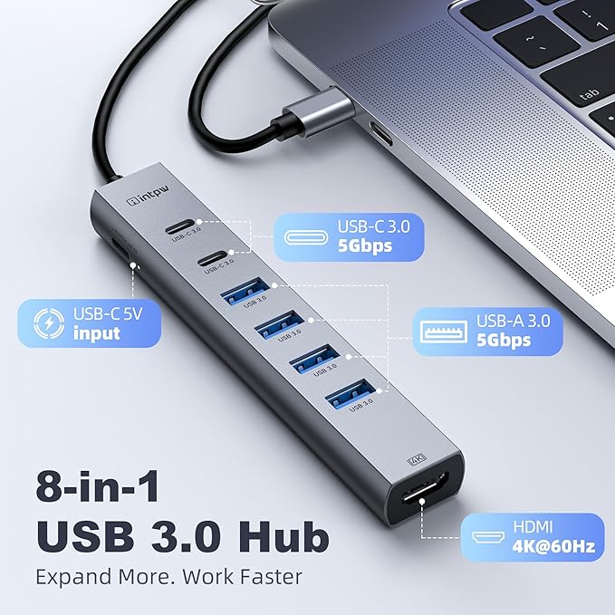 intpw USB C to USB A Hub 4K HDMI 8 Ports Type C Hub USB 3.0 5Gbps Aluminum Adapter Multiport USB C Hub for Laptop, Mac, iPad, PC (1.97FT(8in1,HDMI 4K))