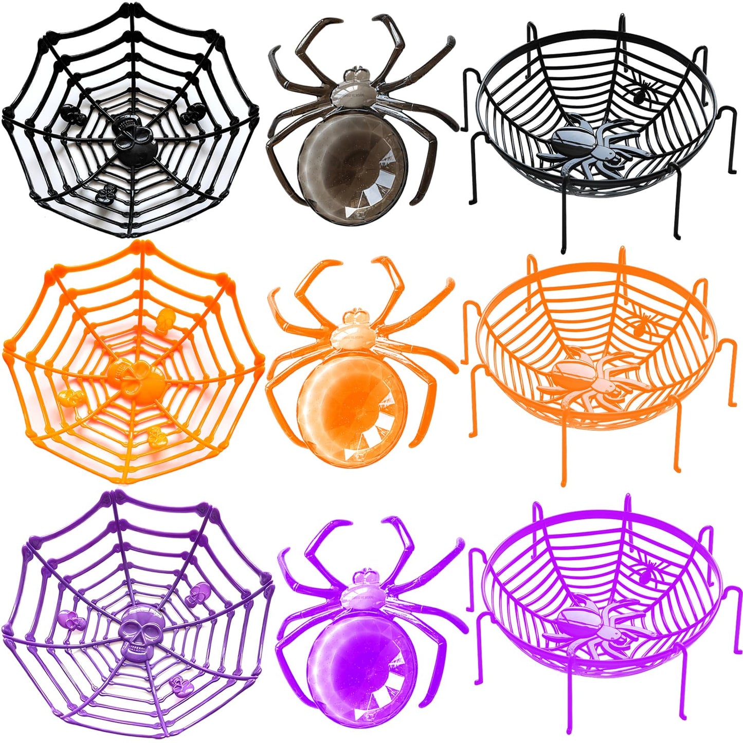 VirgoCCY 9 PCS Halloween Candy Bowl Set, Halloween Decorations, Trick or Treat Party Supplies Indoor Decor Candy Holder, 3 Spider web, 3 Skeleton, 3 Spider, Black/Orange/Purple