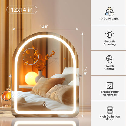 Hasipu Vanity Mirror with Lights, 11"× 14" Arched LED Makeup Mirror, Lighted Makeup Mirror with Lights, Smart Touch Control Dimmable 3 Modes Light 360°Rotation White