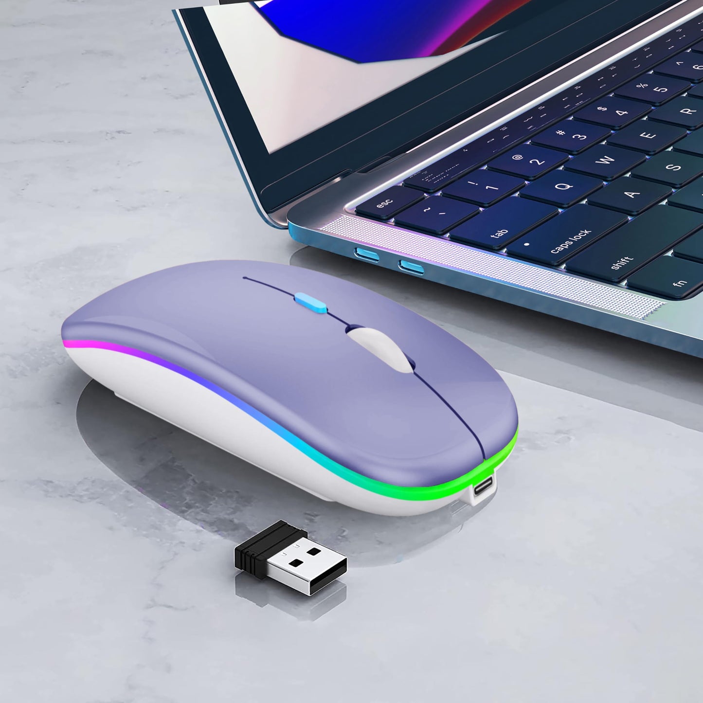 Wireless Bluetooth Mouse Rechargeable Laptop Mice with LED Lights Silent Slim Use(BT5.2 and 2.4G Portable USB Receiver)Dual Mode Computer Mouse for Laptop/iPad/Tablet/Apple/Computer/Mac(Black)
