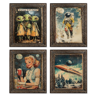 Locomiss Retro Space Nursery Wall Art Decor, Space Solar System Rocket Astronaut Galaxy Alien Prints Posters for Kids Boy Girl Nursery Room Bedroom Playroom Wall Decor, Set of 4, 8x10 Unframed