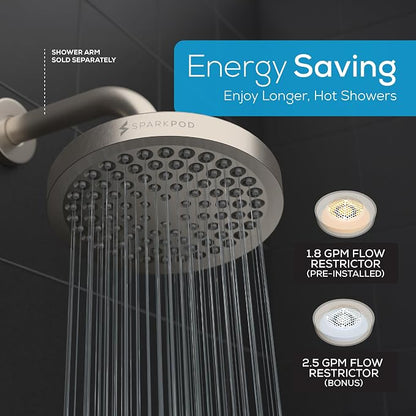 SparkPod Rain Shower Head, 6 Inch Round | High Pressure Shower Heads, 90 Nozzle (Touch-to-Clean), Adjustable Showerhead, No-tool Universal Connection