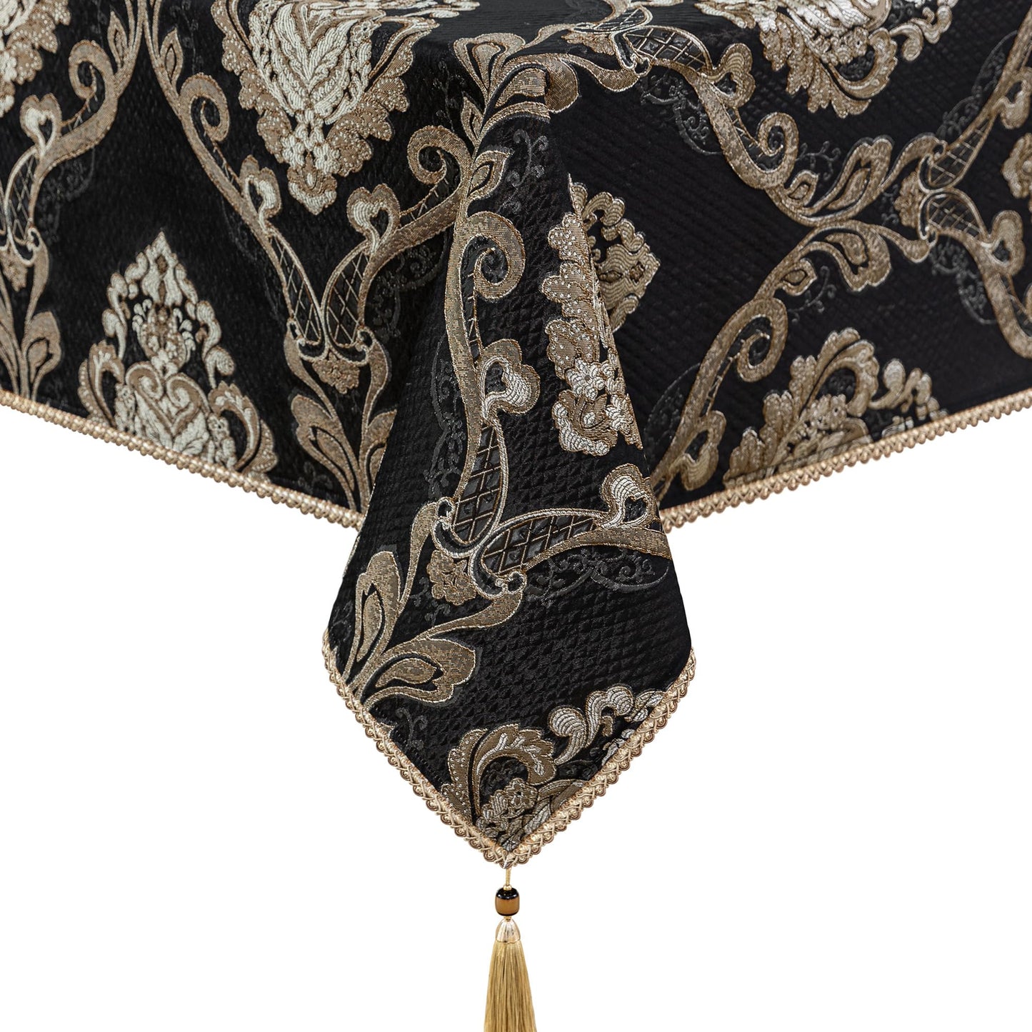 Loom and Mill Black Tablecloth 60 x 120 Inches, Classic Jacquard Rectangle Table Cover with Handmade Tassels for Halloween Dining Room Banquet Decorations (Black, 60"x120")
