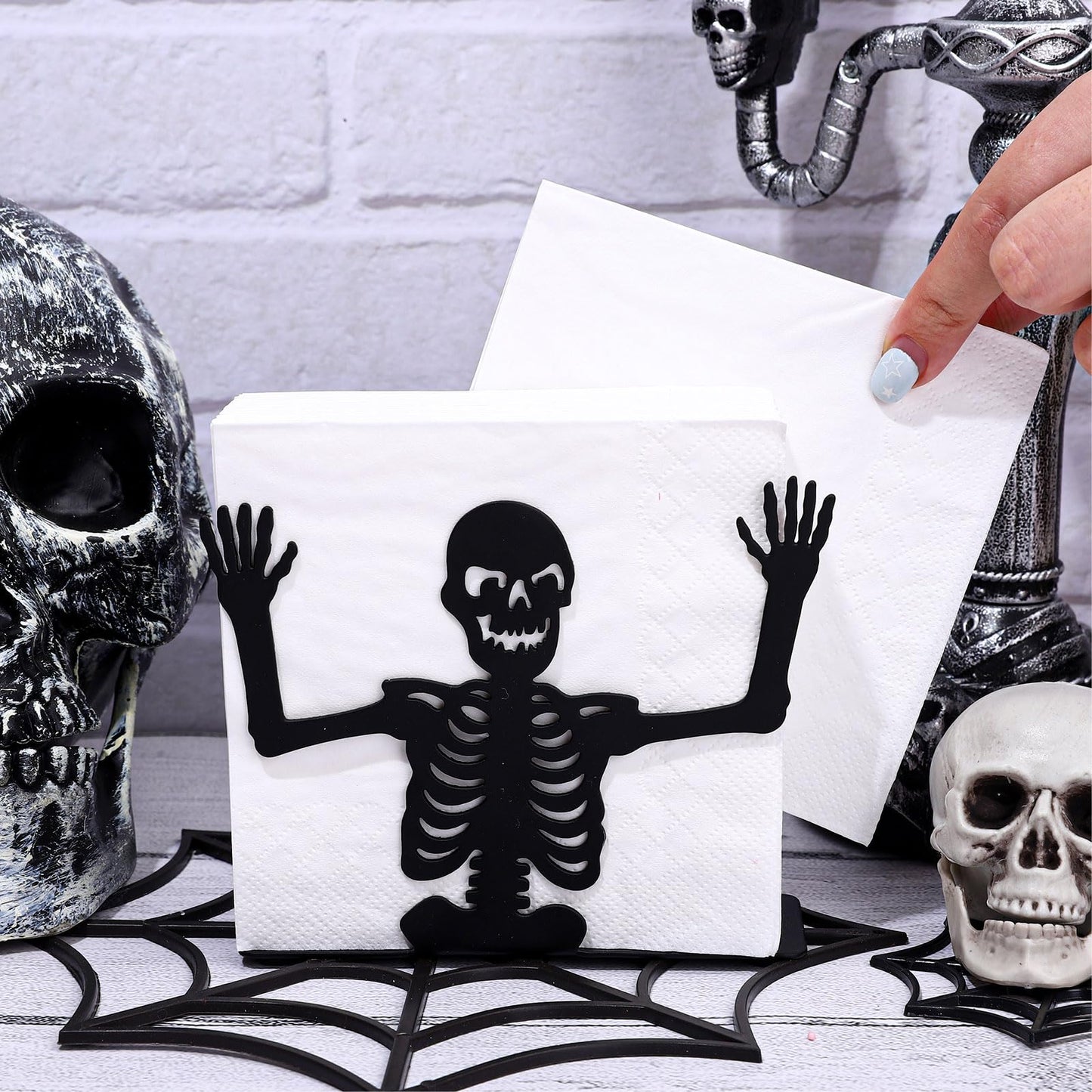 FYSUIMU Halloween Skeleton Napkin Holder Matte Black Metal Freestanding Tissue Dispenser Vertical Tabletop Decor Napkin Holder for Party Home Kitchen Restaurant Picnic
