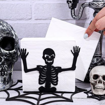 FYSUIMU Halloween Skeleton Napkin Holder Matte Black Metal Freestanding Tissue Dispenser Vertical Tabletop Decor Napkin Holder for Party Home Kitchen Restaurant Picnic
