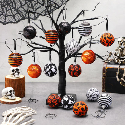 Zeyune 16 Pcs Halloween Ball Ornaments for Tree 2 Inch Halloween Tree Decorations Pumpkin Ghost Bat Spider Glitter Ornaments with Sequins for Holiday Party Decor
