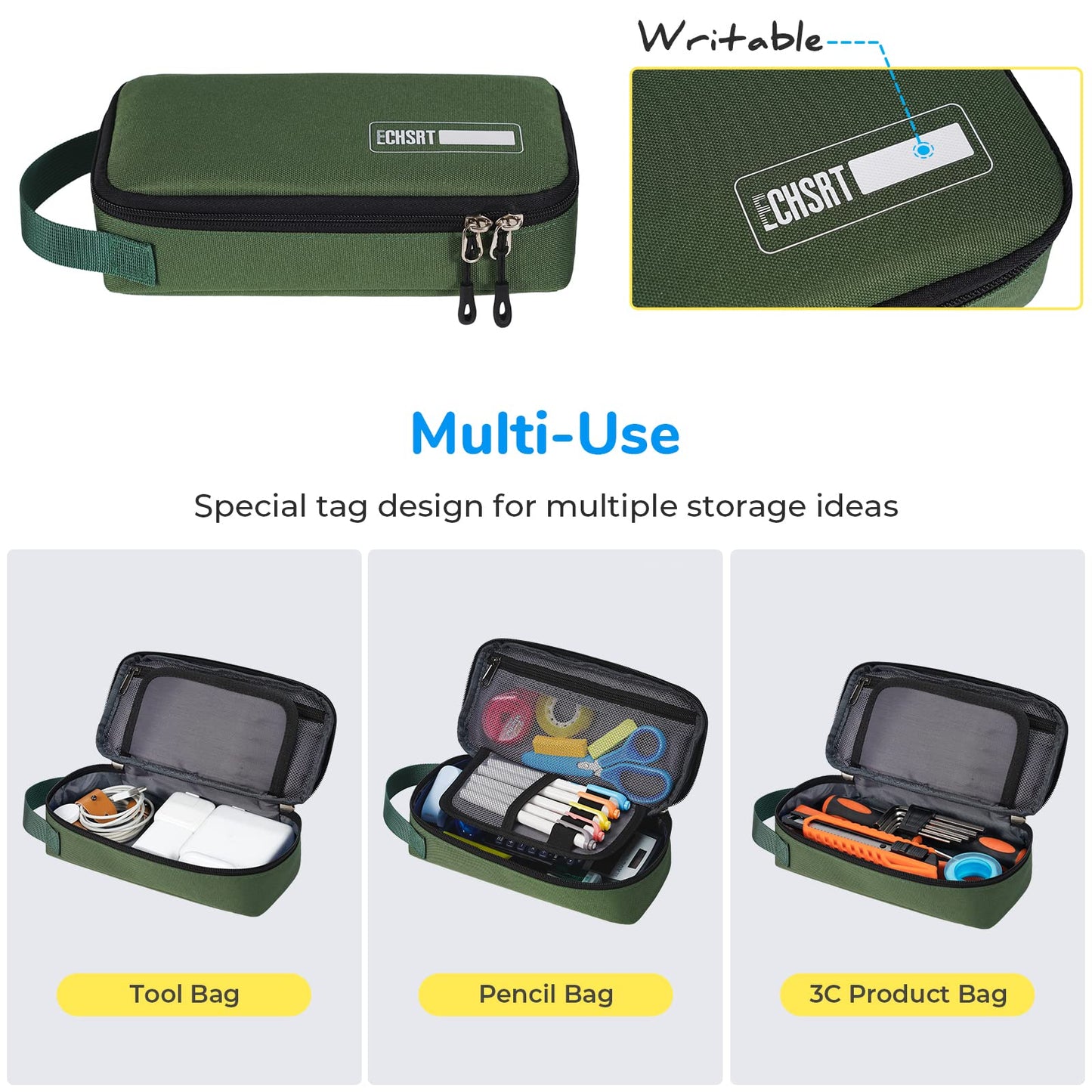 ECHSRT Pencil Case for Men Women, Large Pen Bag for Adults, Portable Pencil Pouch Aesthetic with Handle, Zipper Cases for Office Organizer Green Pencil Cases