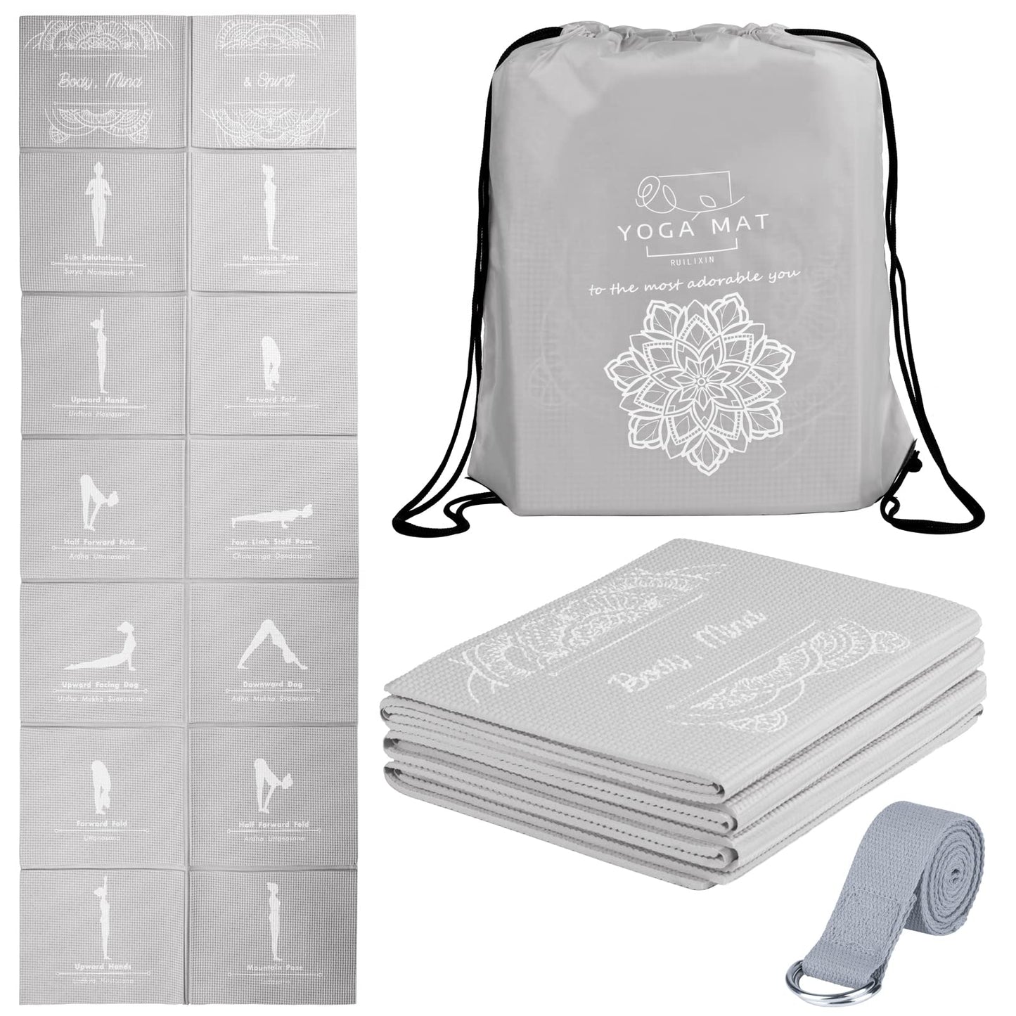 Foldable Yoga Mat for Women, Non Slip Exercise Mat for Home Gym, 5mm Travel Yoga Mats Set With Stretch Strap for Yoga Pilates and Fitness, 68"L x 24"W x 0.2 Inch Thick