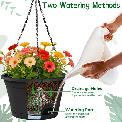 Nooulap 4 Pack Hanging Planters, 10 Inch Hanging Plant Pot with Hanger Chain & Drainage Trays, Hanging Baskets for Plants Outdoor Indoor, Flowers Pots for Home, Garden, Porch Decor (Black)