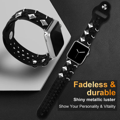 VIQIV Leather Band Compatible with Apple Watch Ultra Band 38mm 41mm 40mm for Women Men, Hollow-out Woven Rivets Bracelet Designer Wristbands Smartwatch Strap for iWatch Series SE 8 7 6 5 4 3 2