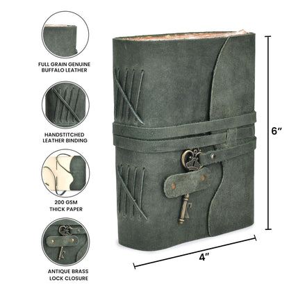 LEATHER VILLAGE Vintage Leather Journal – 200 Handmade Vintage Deckle Edge Paper – Leather bound Journal For Women Men – Vintage Key Closure - Book of Shadows - Aqua - 6X4 inches (A6)