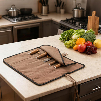 VRUIFA Chef’s Knife Roll Bag, Portable Canvas Cases, Chef Bag With 5 Slots Pockets Can Hold Kitchen Knife Tools Up To 15 Inch