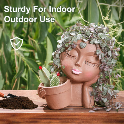 vomiceak Face Planter Pots Head Planters for Indoor Outdoor Plants - Double Plant Pots for Flower Succulent with Drainage Holes - Gift Ideas for Mother (Black Lady)
