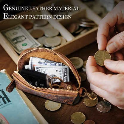 Gexmil Genuine Leather Coin Purse with Zipper, Full Grain Leather, Mini Coin Pouch for Women Men, Change Wallet,Floral Brown
