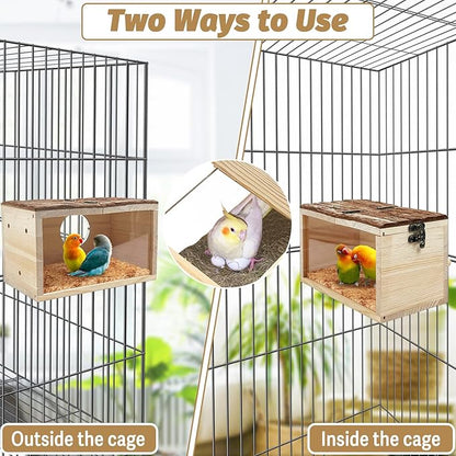 Tfwadmx Parakeet Nesting Box - Wooden Parrot Nest for Cockatiel, Lovebirds, Budgie, Conure - Acrylic Transparent Bird House With Perch for Breeding