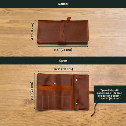 OMBUO Handmade Artist Pencil Case for Adults Women, Leather Pencil Roll, Artist Gifts, Pencil Wrap Roll Up Case, Leather Paint Brush Case, Warm Brown