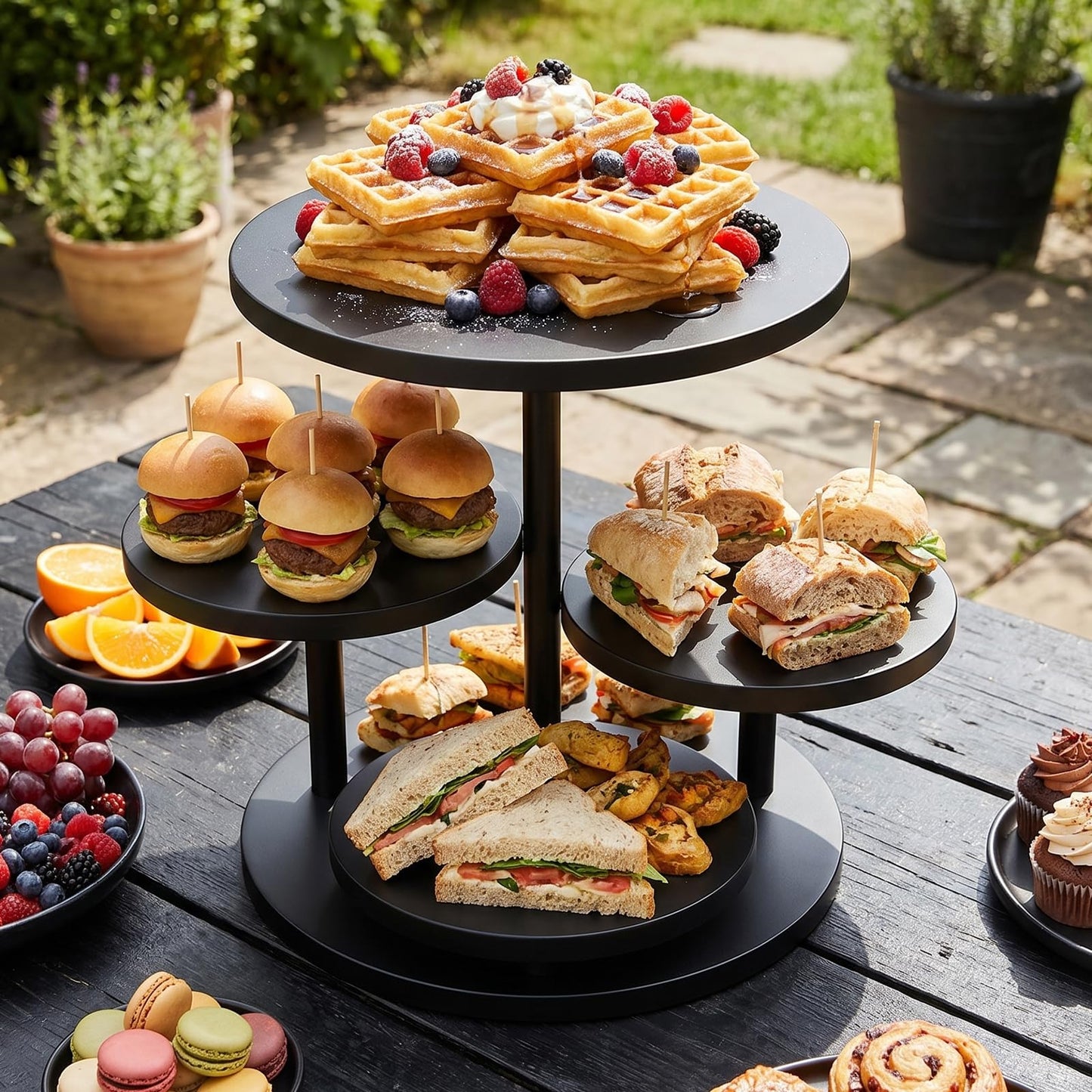 Cupcake Tower for 50 Cupcakes 4 Tier Wooden Dessert Display Stands 360°Rotatable Cookie Display Stand with Tiered Trays Round Cake Stand for Parties Wedding Halloween Dessert Table, Black