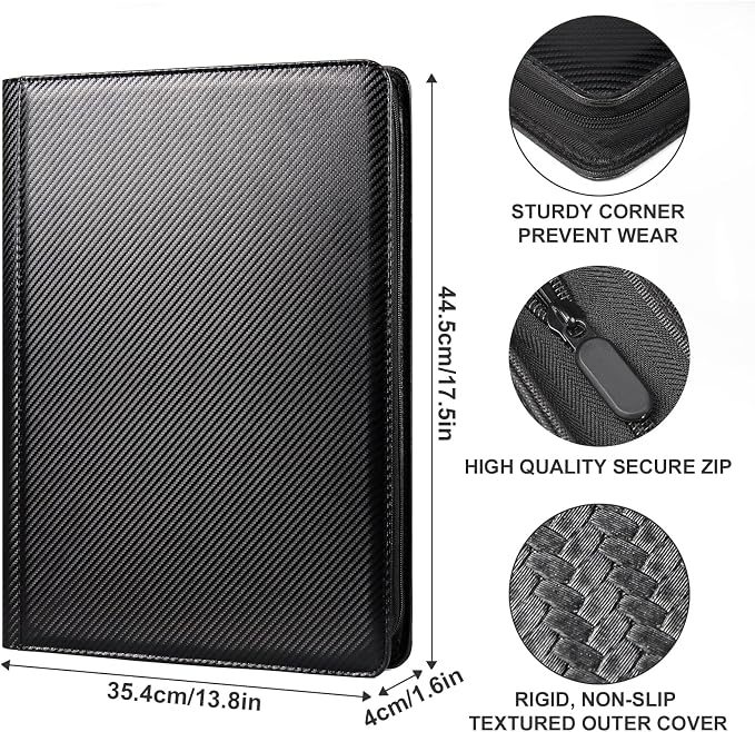 GEAoffice 16 Pocket Trading Card Binder for 1000+ Cards, Ringless Side-Loading 4x4 Card Binder with Zipper Closure, PU Leather 1024 Card Binder for MTG/TCG/Baseball/Sports&Game Cards, Carbon Black