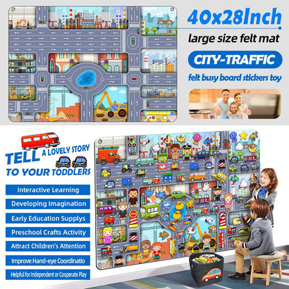 200 PCS Felt Board Story Set for Toddlers with Storage Bag City Traffic Themed Flannel Sensory Board Wall Interactive Storytelling Teaching Play Activity Kits 40x28 inch(Lightgrey)