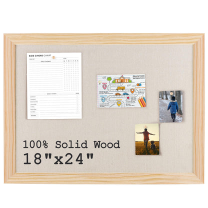 Bulletin Board Cork Board with Linen, 100% Wood Framed 18" x 24" Bulletin Board Decorations, Pin Boards for Walls, Wall Mounted Fabric Picture Board with 10 Pushpins for School, Home & Office, Natural