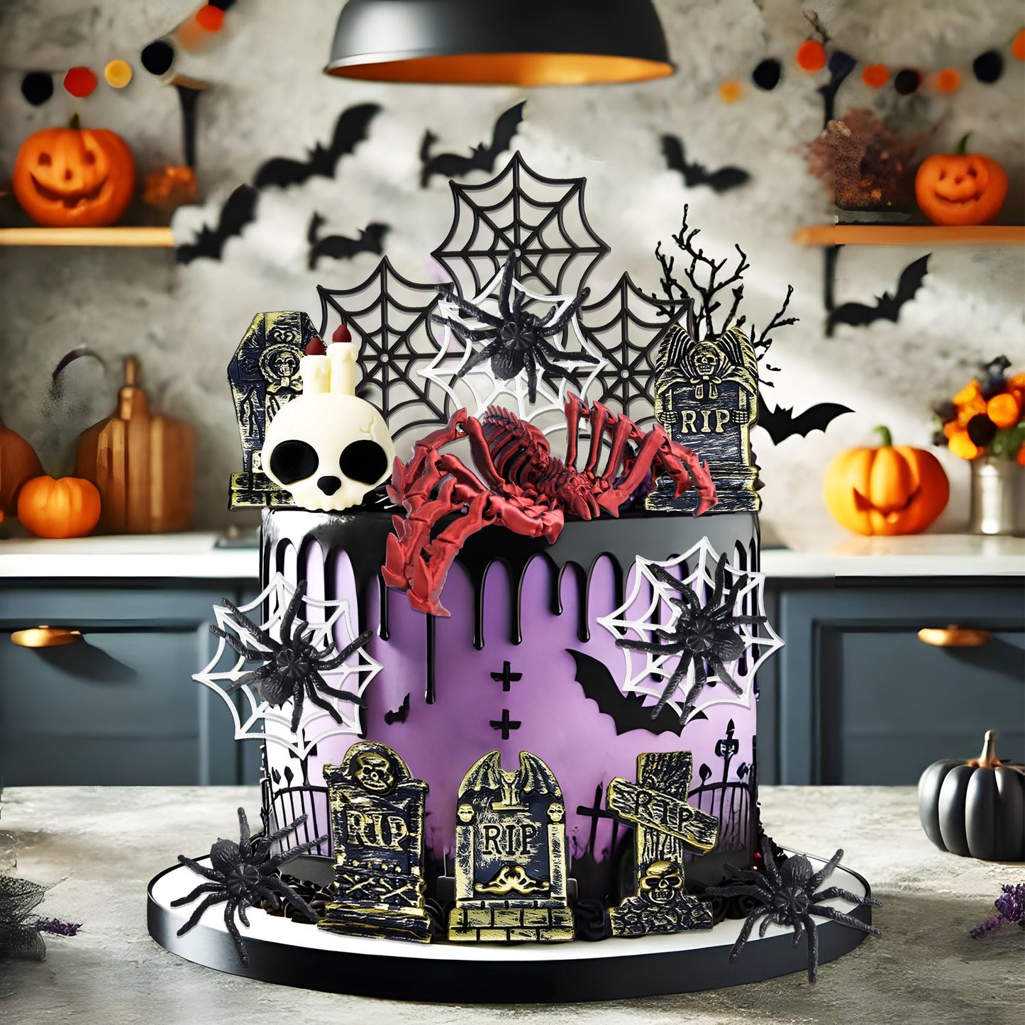 Spider Cake Decoration Halloween Cake Toppers Tombstone Cupcake Toppers (red)